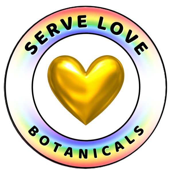 Logo with a gold heart and 'Serve Love Botanicals' text on a rainbow-colored circular background